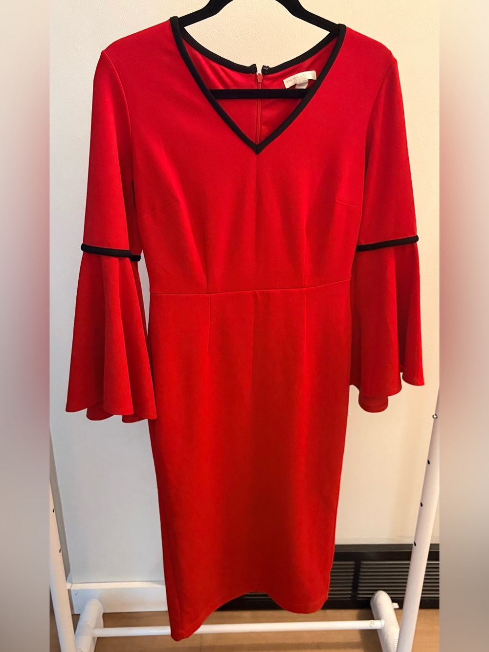 New York & Company Red V-Neck Bell Sleeve Dress with Black Trim